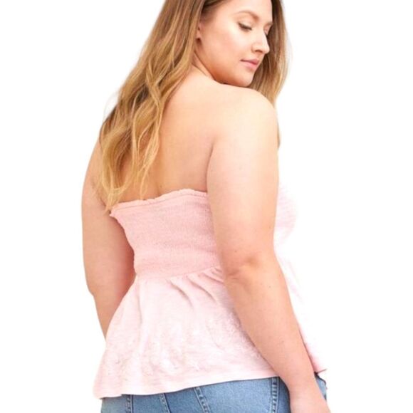 TORRID Plus Size Pink Cotton Strapless Smocked Bodice Embroidered Top 1X - Picture 10 of 14